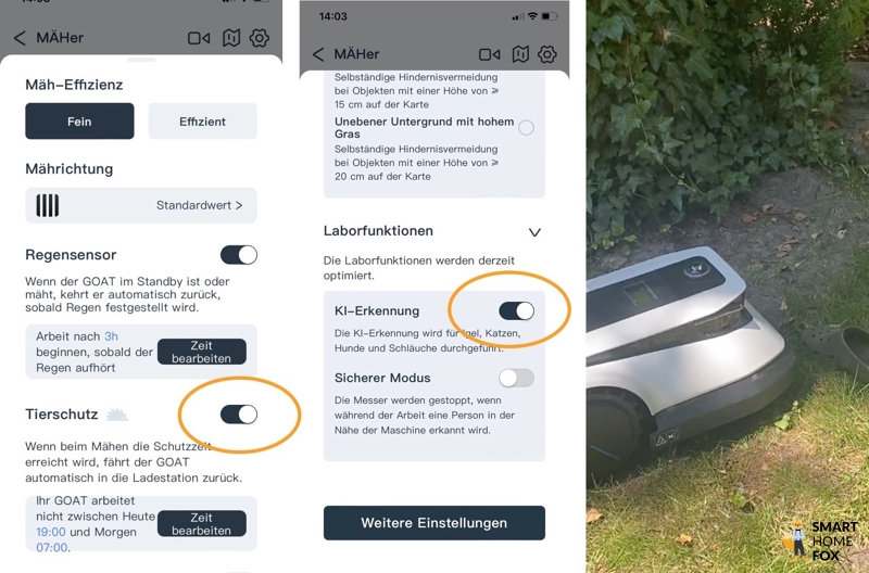 Screenshots der ECOAVACS HOME App von den Tierschutz-Einstellungen vom Mähroboter